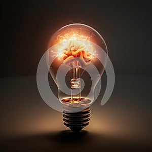 Light bulbs with human brain inside and lightning outside, Creativity and innovation inspiration, Business Bright idea concept, AI