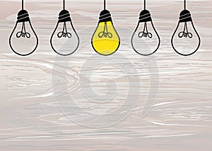 Light bulbs icon with concept of idea. Vector on wooden background. Contour line