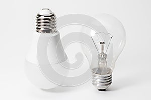 Light bulbs. isolated of Incandescent bulbs, fluorescent bulbs, orange old generation bulb, Tungsten bulb, and white energy saving