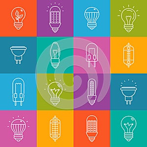 Light bulbs lineart minimal vector iconset on multicolor checkered texture