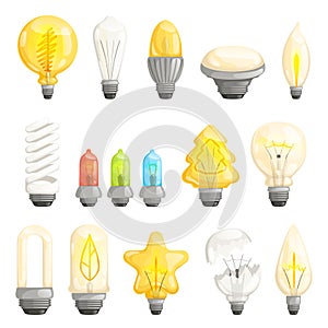 Light bulbs. Modern lamp save energy fluorescent lighted halogen vector cartoon pictures collection
