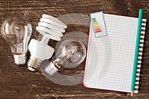 Light bulbs and notebook with energy efficiency label