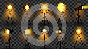 Light bulbs for photos and videos, hanging and standing on tripods, stage equipment, on transparent background with warm
