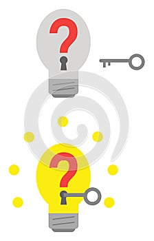 Light bulbs with question marks and keyholes and key unlocking
