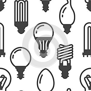 Light bulbs seamless pattern with flat glyph icons. Led lamps types, fluorescent, filament, halogen, diode and other