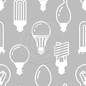 Light bulbs seamless pattern with flat glyph icons. Led lamps types, fluorescent, filament, halogen, diode and other