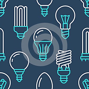 Light bulbs seamless pattern with flat line icons. Led lamps types, fluorescent, filament, halogen, diode and other