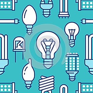 Light bulbs seamless pattern with flat line icons. Led lamps types, fluorescent, filament, halogen, diode and other