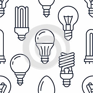 Light bulbs seamless pattern with flat line icons. Led lamps types, fluorescent, filament, halogen, diode and other