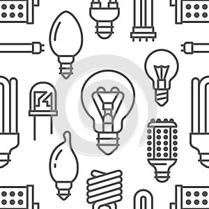 Light bulbs seamless pattern with flat line icons. Led lamps types, fluorescent, filament, halogen, diode and other