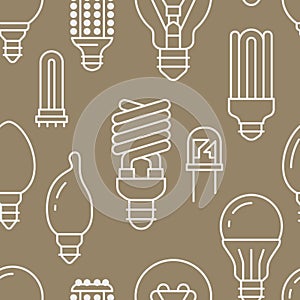 Light bulbs seamless pattern with flat line icons. Led lamps types, fluorescent, filament, halogen, diode and other