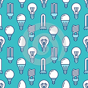 Light bulbs seamless pattern with flat line icons. Led lamps types, fluorescent, filament, halogen, diode and other