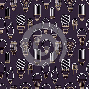 Light bulbs seamless pattern with flat line icons. Led lamps types, fluorescent, filament, halogen, diode and other