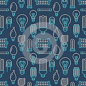 Light bulbs seamless pattern with flat line icons. Led lamps types, fluorescent, filament, halogen, diode and other