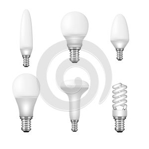 Light bulbs set. Different lightbulb types. Halogen, led, incandescent, energy saving and CFL lamps