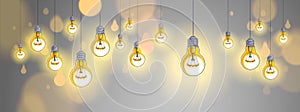 Light bulbs shining beautiful vector realistic illustration. Ideas concept, creative inspiration, creativity. Perfect background