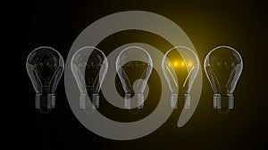 Light bulbs with shining fibres in shapes of IDEA concept related words on black background. 3d rendering