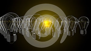 Light bulbs with shining fibres in shapes of IDEA concept related words on black background. 3d rendering