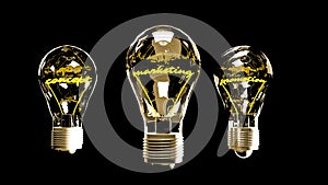 Light bulbs with shining fibres in shapes of MARKETING concept related words on black background. 3d rendering