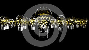 Light bulbs with shining fibres in shapes of MARKETING concept related words on black background. 3d rendering