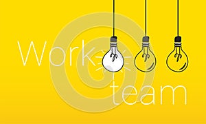 Light bulbs on yellow background with teamwork text. Concept of idea creation, innovation and leadership.Vector illustration