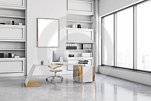 Light business manager room interior with furniture and window, mockup poster