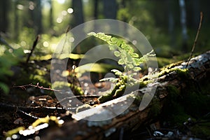 Light catches on an old railway spike nestled among fresh birch twigs, contrasting times gone. AI Generated