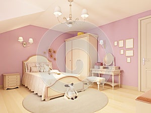 Light children`s room in a classical style for a girl