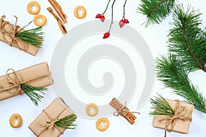 Light Christmas background with decorative elements, top view