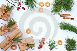 Light Christmas background with decorative elements, top view. Banner