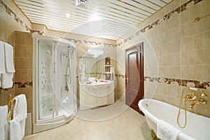 Light and clean bathroom with bath and shower cabin