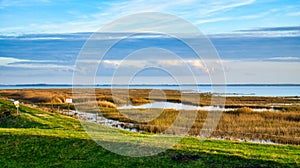 Light clouds in the sky on the Bodden in Zingst on the Baltic Sea peninsula. Bodden landscape with meadows. Nature reserve on the