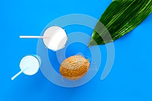 Light cocktail with coconut milk. White tropical beverage in glasses with straw on blue background with coconut and palm