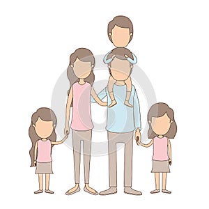 Light color caricature faceless big family parents with boy on his back and daugthers taken hands
