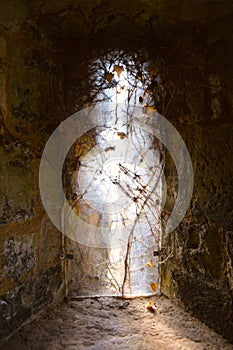 Light coming from an old gothic window of medieval castle, Carisbrooke Castle, Newport, the Isle of Wight, England