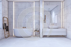 Light concrete tile minimalistic bathroom interior.