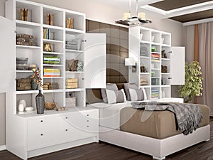 Light and cozy modern bedroom with open cupboards