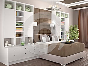 Light and cozy modern bedroom with wardrobes