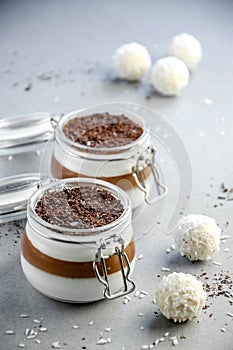 Light Creamy Vanilla and Chocolate Mousse Dessert in a Glass On a Gray Background. Concept Valentine`s Day