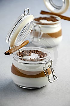 Light Creamy Vanilla and Chocolate Mousse Dessert in a Glass On a Gray Background. Concept Valentine`s Day