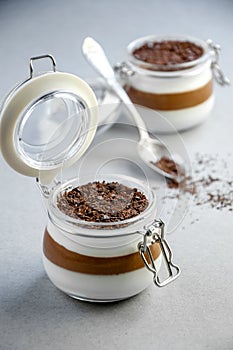 Light Creamy Vanilla and Chocolate Mousse Dessert in a Glass Jar On a Gray Background. Concept Valentine`s Day