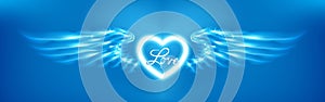 Light cyan heart and angel wings on blue background. Glowing fantasy, Valentines day attribute. Inscription love. Happy greeting