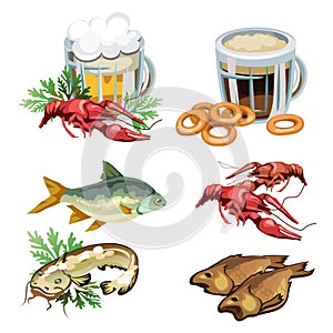 Light and dark beer in mug with various snacks, crabs, fish, bagels