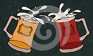 Light and Dark Beer Mugs or Glasses. Black Board Background and Chalk. Hand Drawn Vector Illustration. Savoyar Doodle Style.