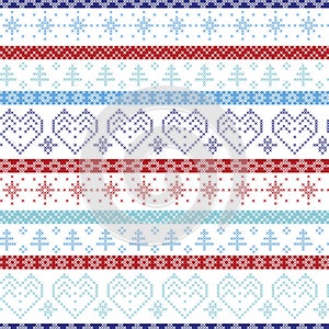 Light and dark blue, duck egg, and red Nordic Christmas seamless pattern with hearts, trees, decorative elements in scandinavian