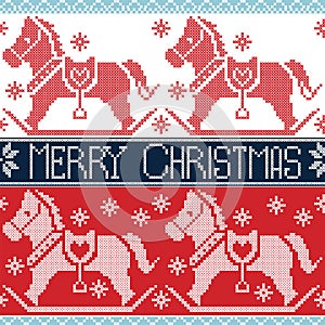 Light and dark blue , red Merry Christmas Scandinavian seamless Nordic pattern with rocking dala pony horses, stars, snowflakes i