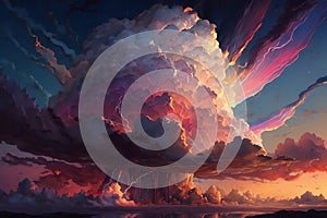 Light in the Dark and Dramatic Storm Clouds. Dramatic sky at the sunset. Generative AI