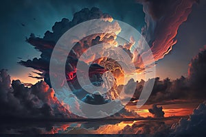 Light in the Dark and Dramatic Storm Clouds. Dramatic sky at the sunset.