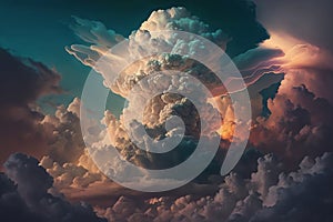 Light in the Dark and Dramatic Storm Clouds. Dramatic sky at the sunset. Generative AI