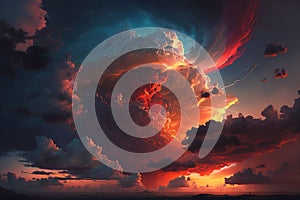 Light in the Dark and Dramatic Storm Clouds. Dramatic sky at the sunset. Generative AI